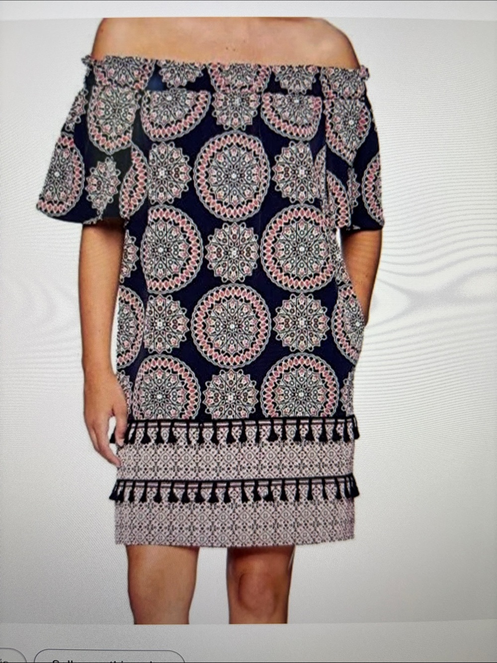 Maggy London Shift Dress size 16 Navy/Coral Mandala Print Tassel Off Shoulder